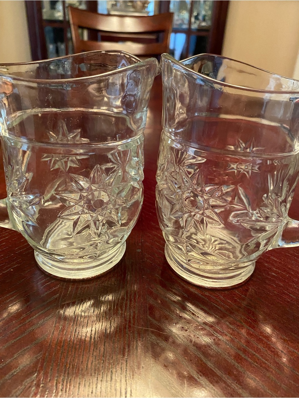 Pair (2) Anchor Hocking Clear Glass 16 oz Pitcher with Starburst Pattern